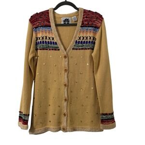Storybook Knits Cardigan Womens XS Yellow Beads Glittering Fair Isle Embellished